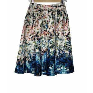 Jenn Womens A Line Skirt‎ White Blue Floral Splashe